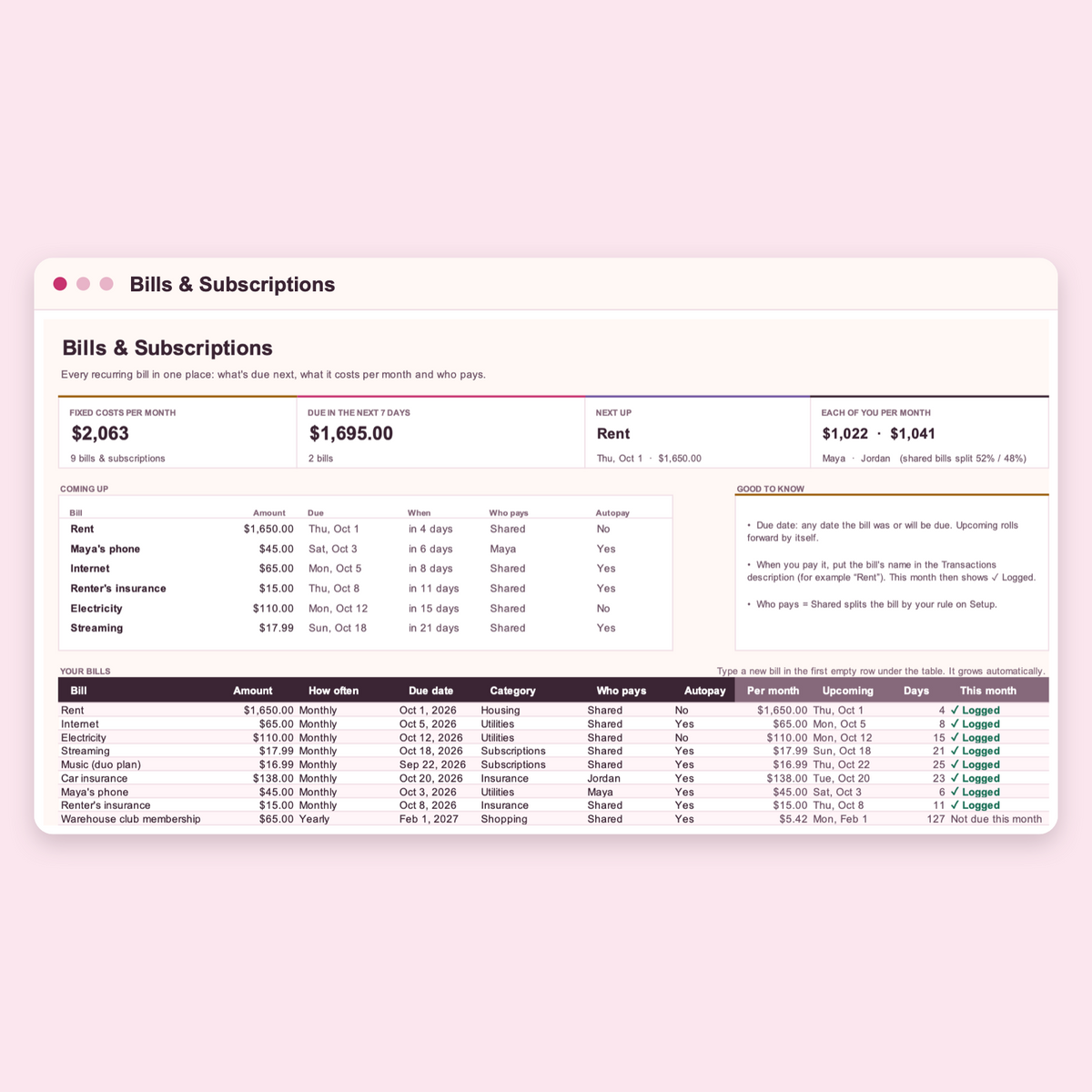 Bills and subscriptions with what's due next and the monthly total