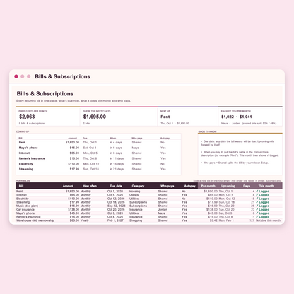 Bills and subscriptions with what's due next and the monthly total