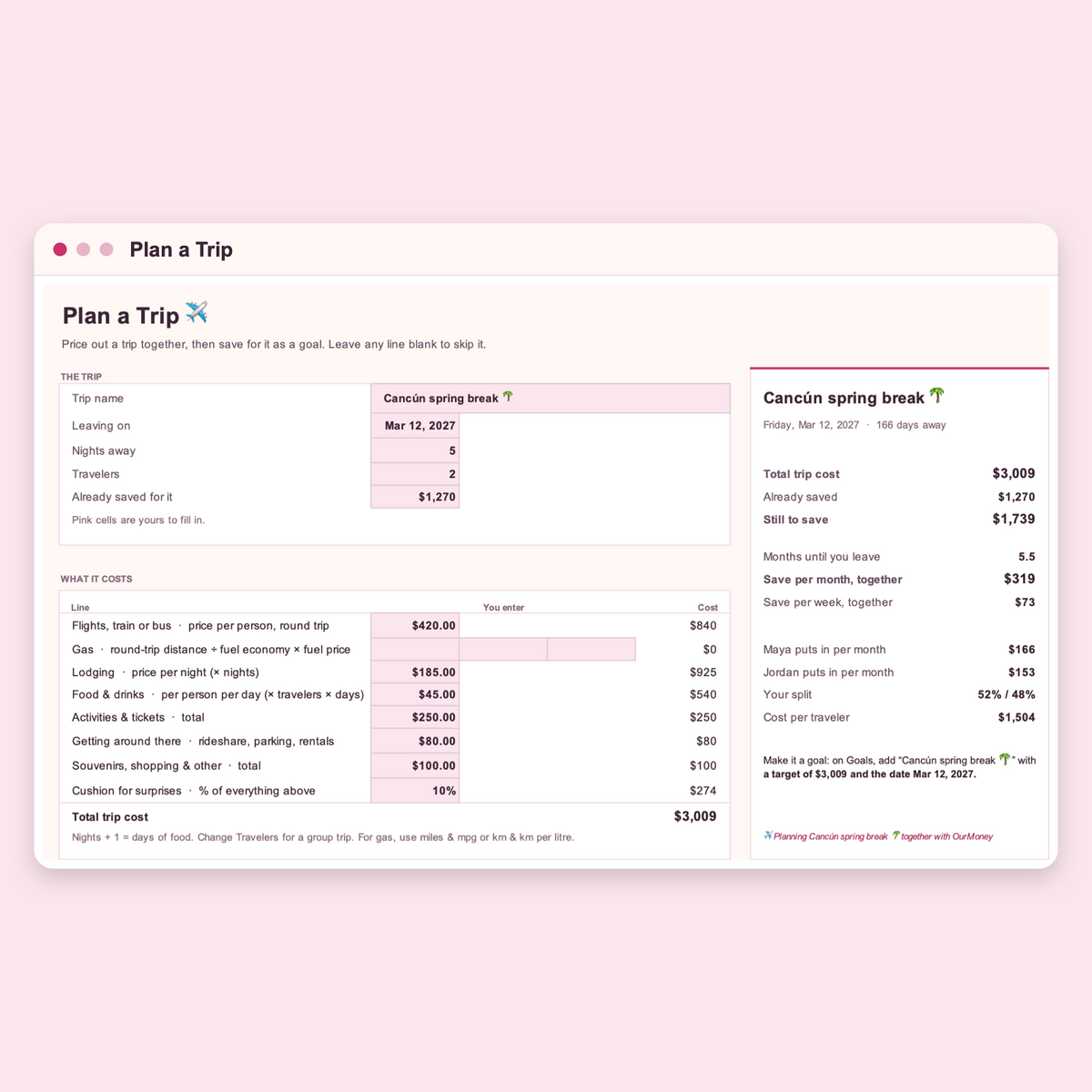 Plan a Trip cost builder with a savings plan per month and per partner