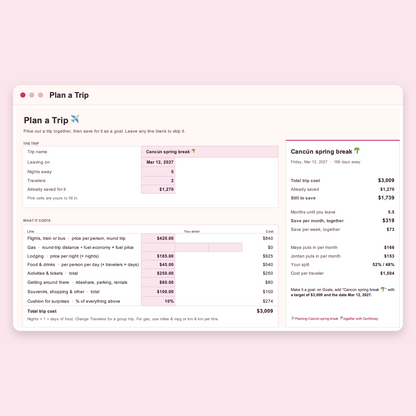 Plan a Trip cost builder with a savings plan per month and per partner